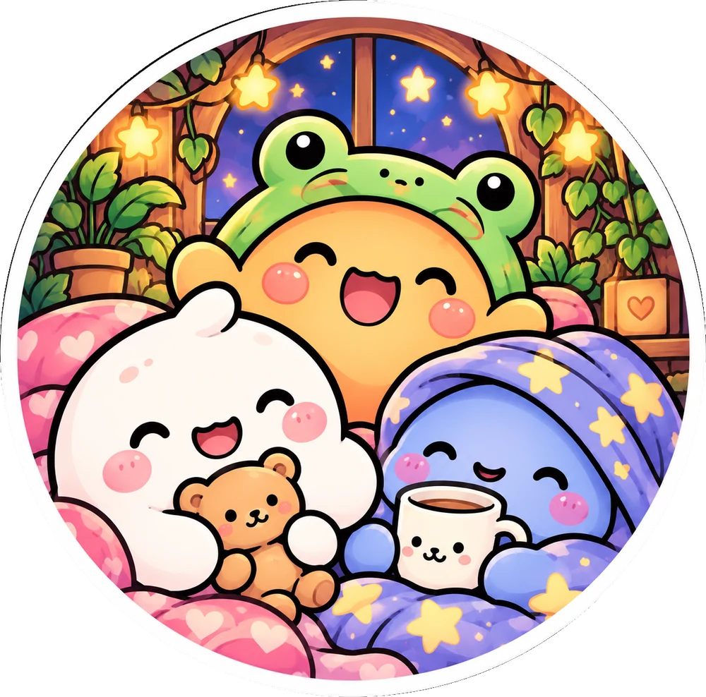 Mochi, Bubs and Puddle, the Mibblies, snuggled together on a cozy night